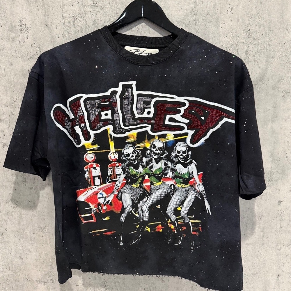 BKYS Men Washed Grey Hellfest Rhinestone Skeleton Tour Graphic T-Shirt T1356 S